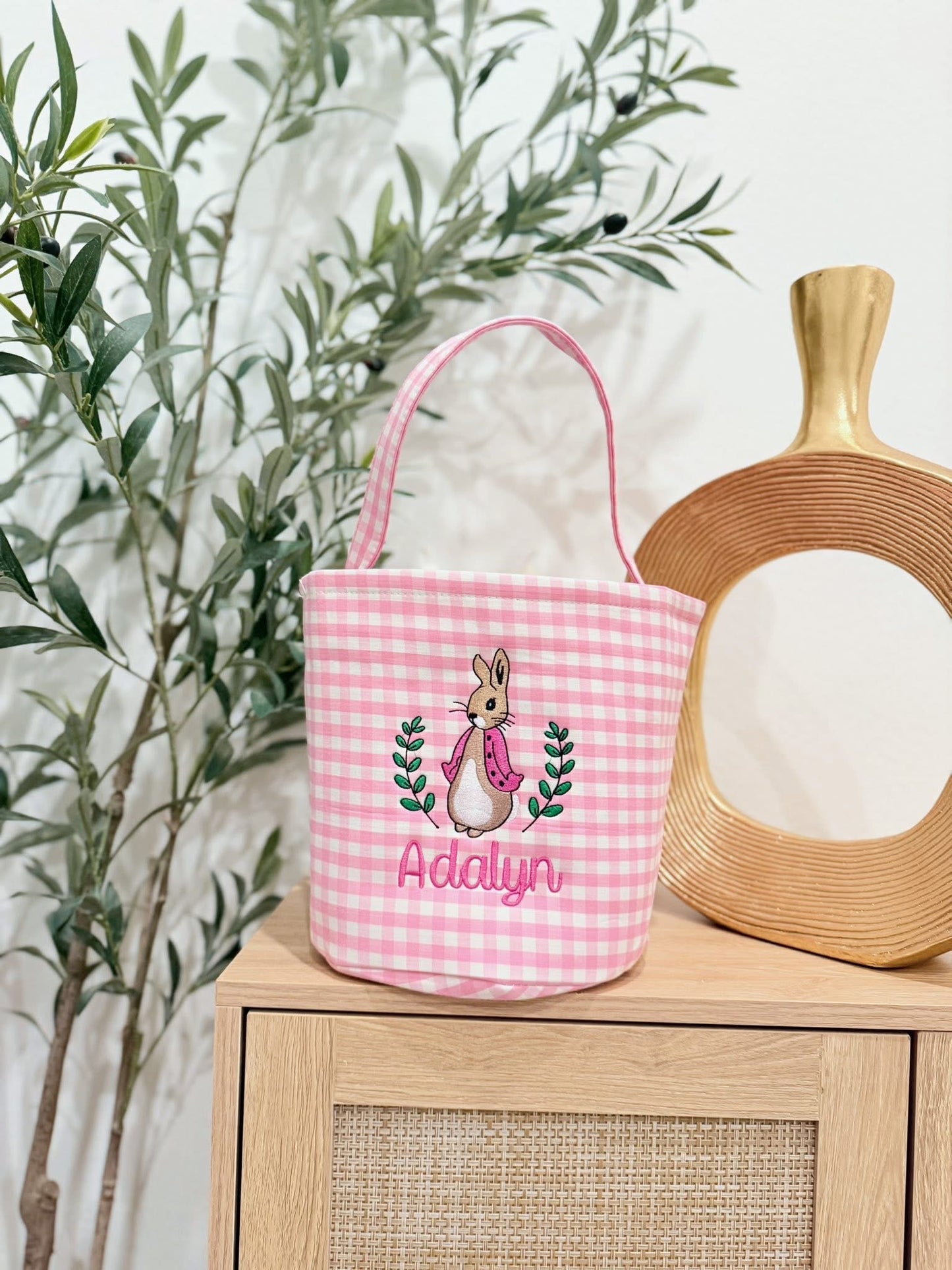 Pink Gingham Embroidered Easter Baskets