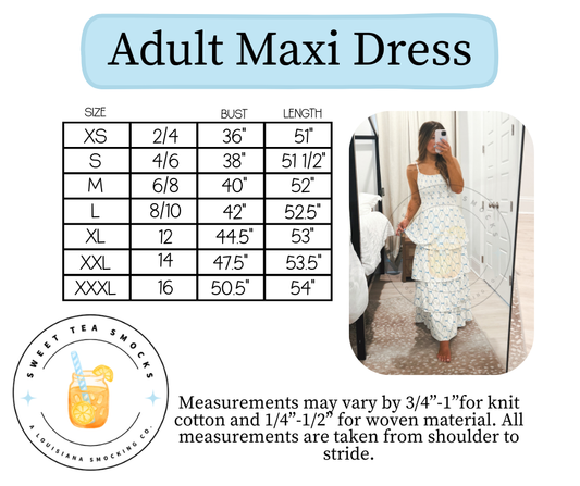 Adult Maxi Dress Size Chart
